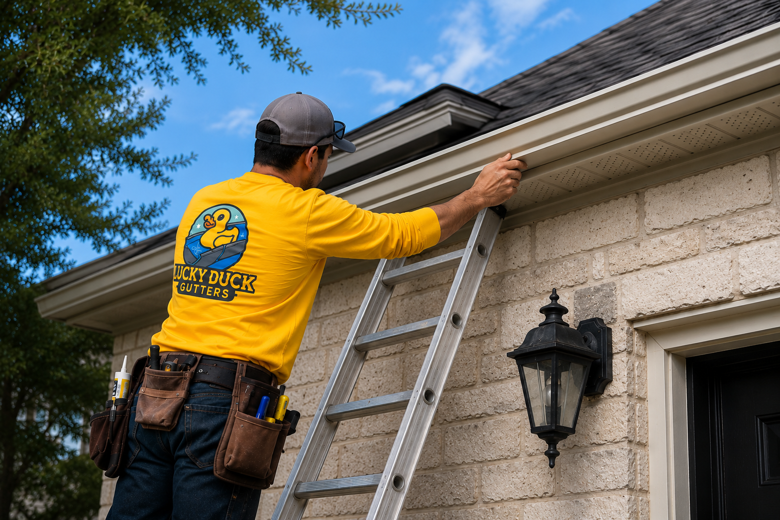 Lucky Duck Gutters technician installing seamless gutters on a Round Rock home